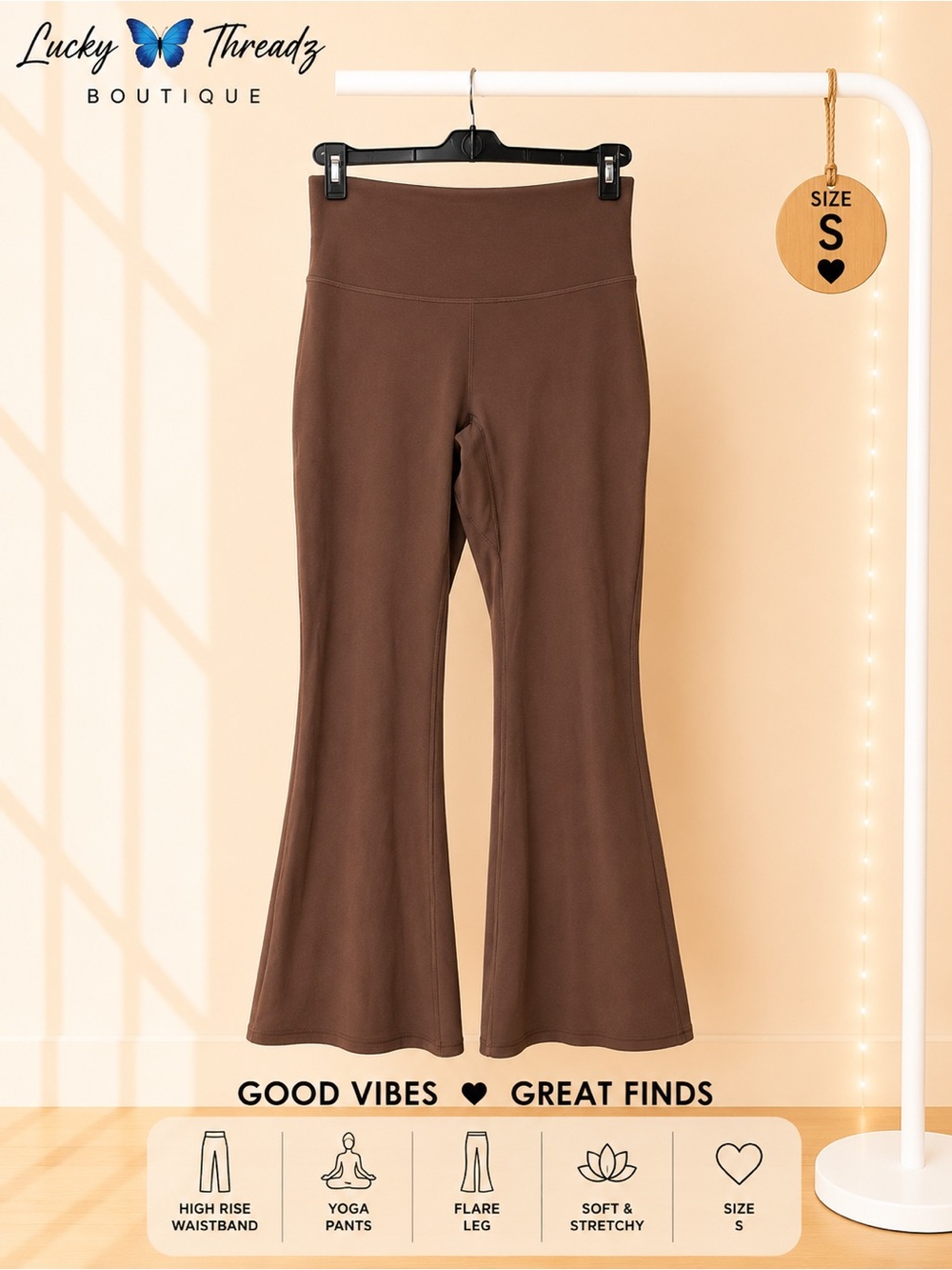 Chocolate Brown High Rise Flare Yoga Pants Crossover V Back Stretch Leggings S